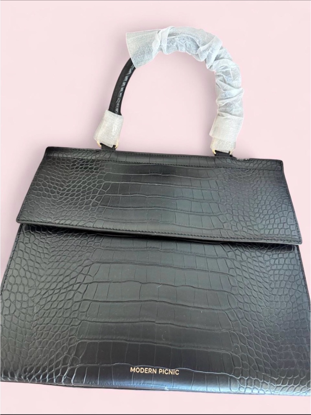Black Croc-Embossed Top-Handle lunch bag